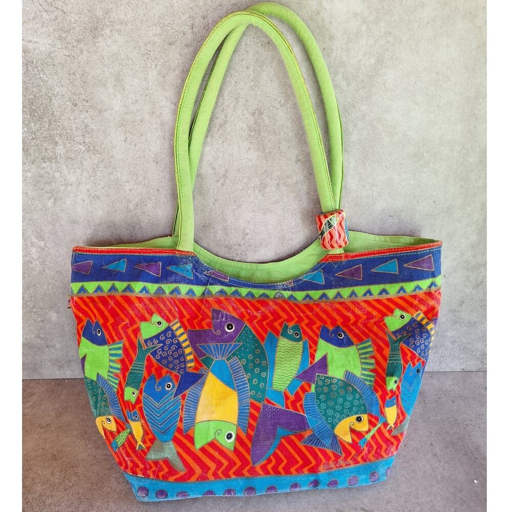 Laurel Burch Colorful Fish Canvas Tote Bag shopper abstract artsy funky beach